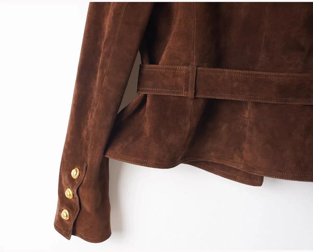 Brown suede belted jacket with buttoned cuff and peplum waist detail
