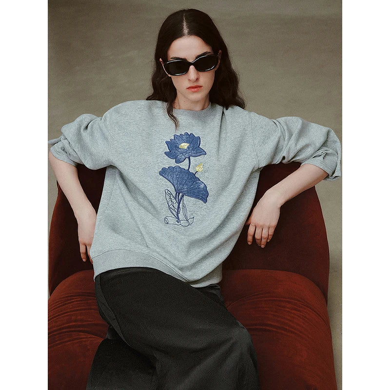 Lotus Embroidered Round Neck Sweatshirt