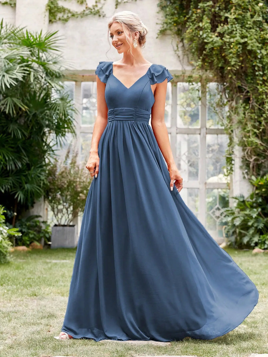 Stunning Ruffle Cap Sleeves Formal Dress