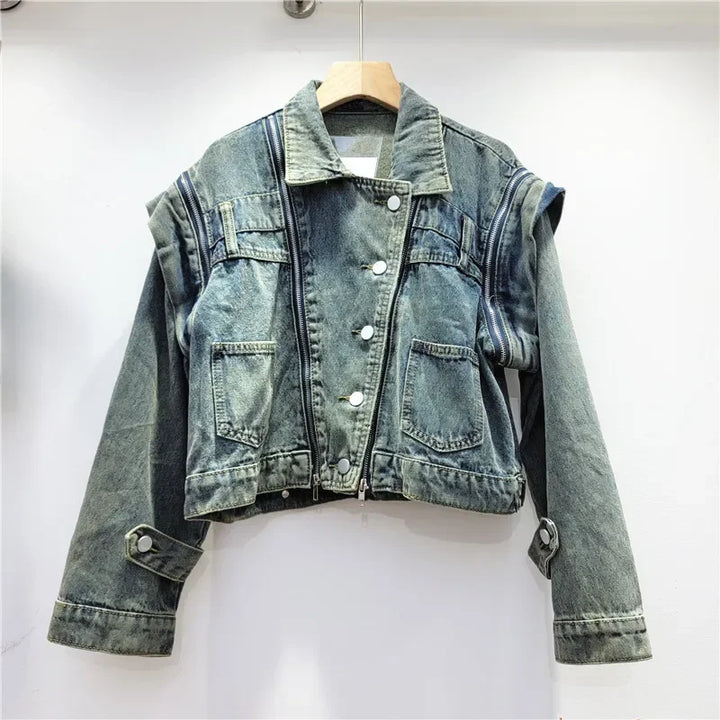 Trendy Multi-zipper Short Denim Jacket