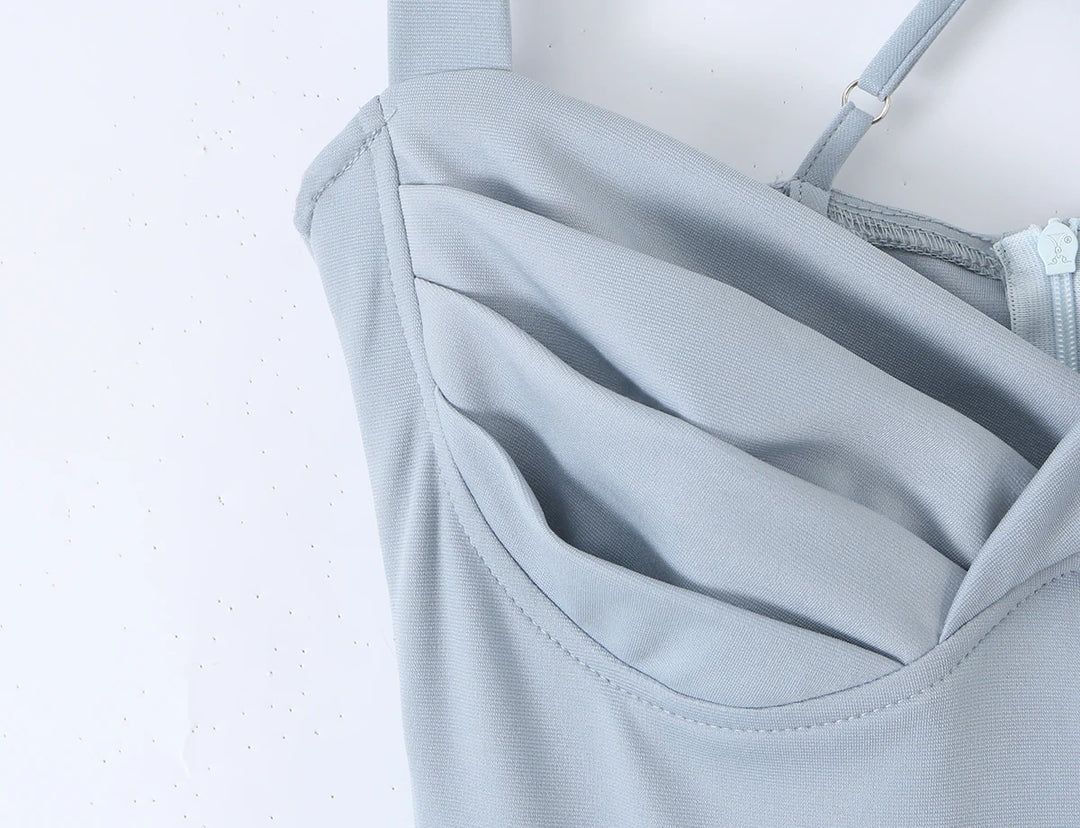 Blue gray ruched bodice detail with lace-up corset panel and thin spaghetti straps
