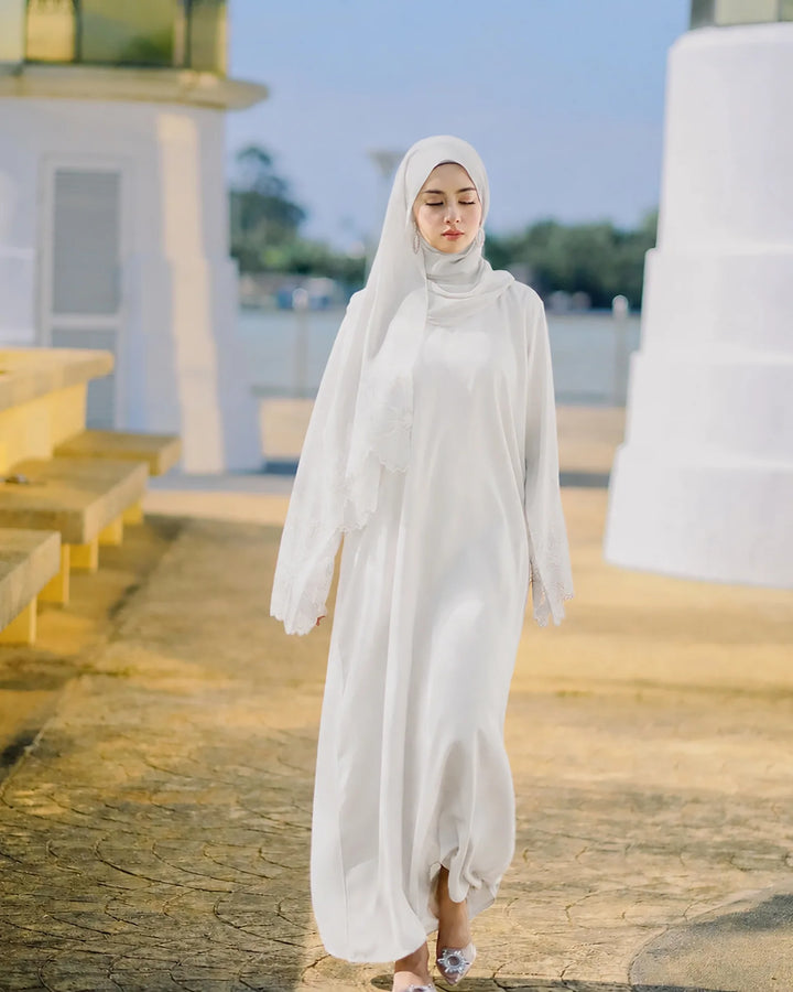 White modest abaya dress with matching headscarf, lace-trim details on sleeves
