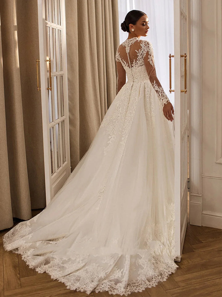 Romantic High Neck Illusion Wedding Dress