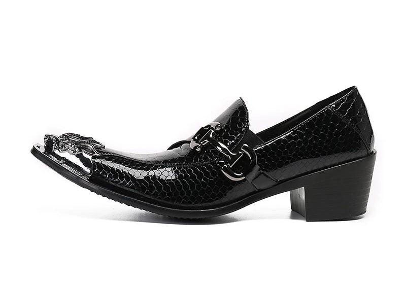 Black men's slip-on loafer heels with square heel and buckle strap detail
