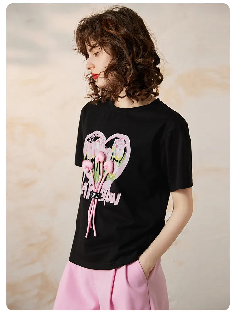 3D Flower Print Casual Pullover T-Shirt