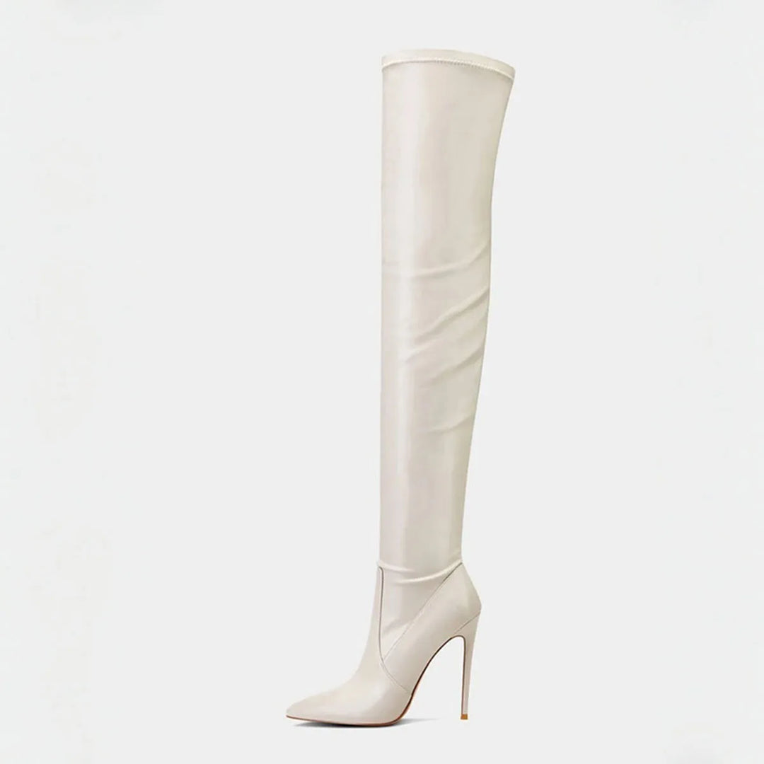 Cream faux-suede knee-high heeled slip-on boots, side view