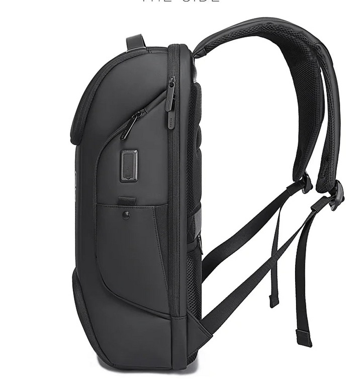 Black waterproof business backpack front view with top flap and side compartments