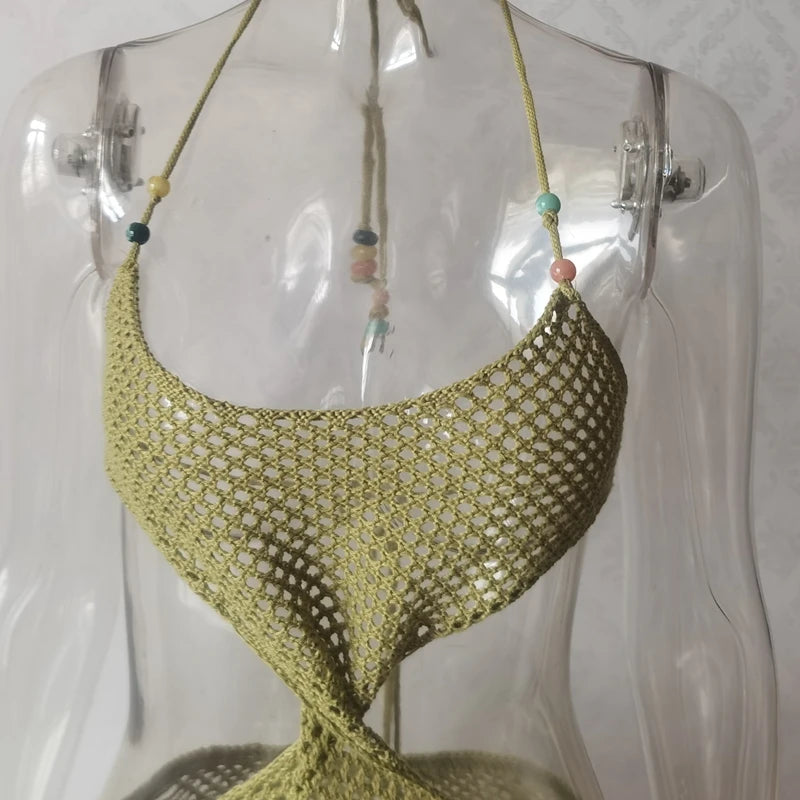 Army green crochet knit triangle bikini cover-up top with beaded tie details