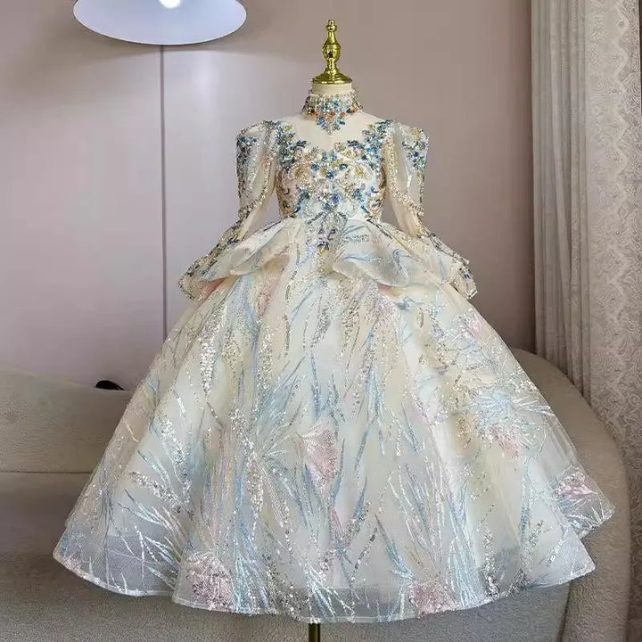 Champagne and blue sequin formal dress for girls, puff sleeves