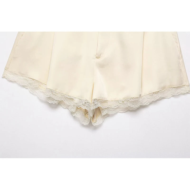 Trendy Satin Lace Trim Loose Shorts