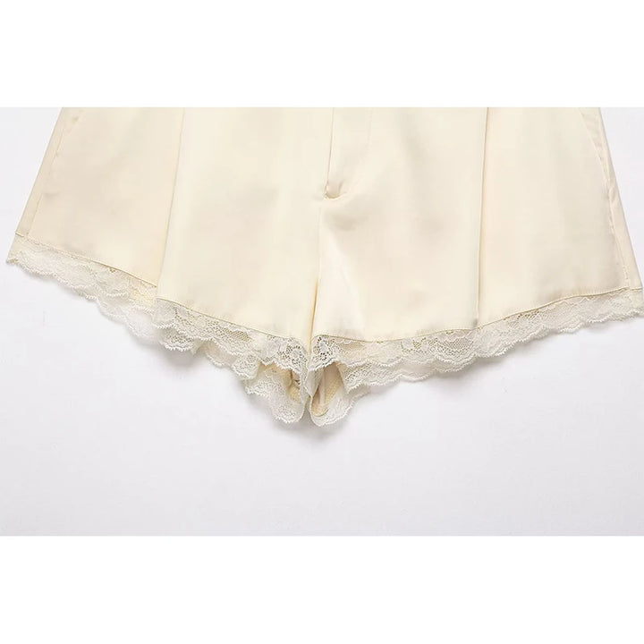 Trendy Satin Lace Trim Loose Shorts
