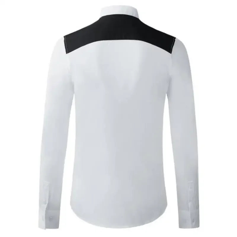 Men's white button-up shirt with black mesh accents on shoulders and sides (back view)