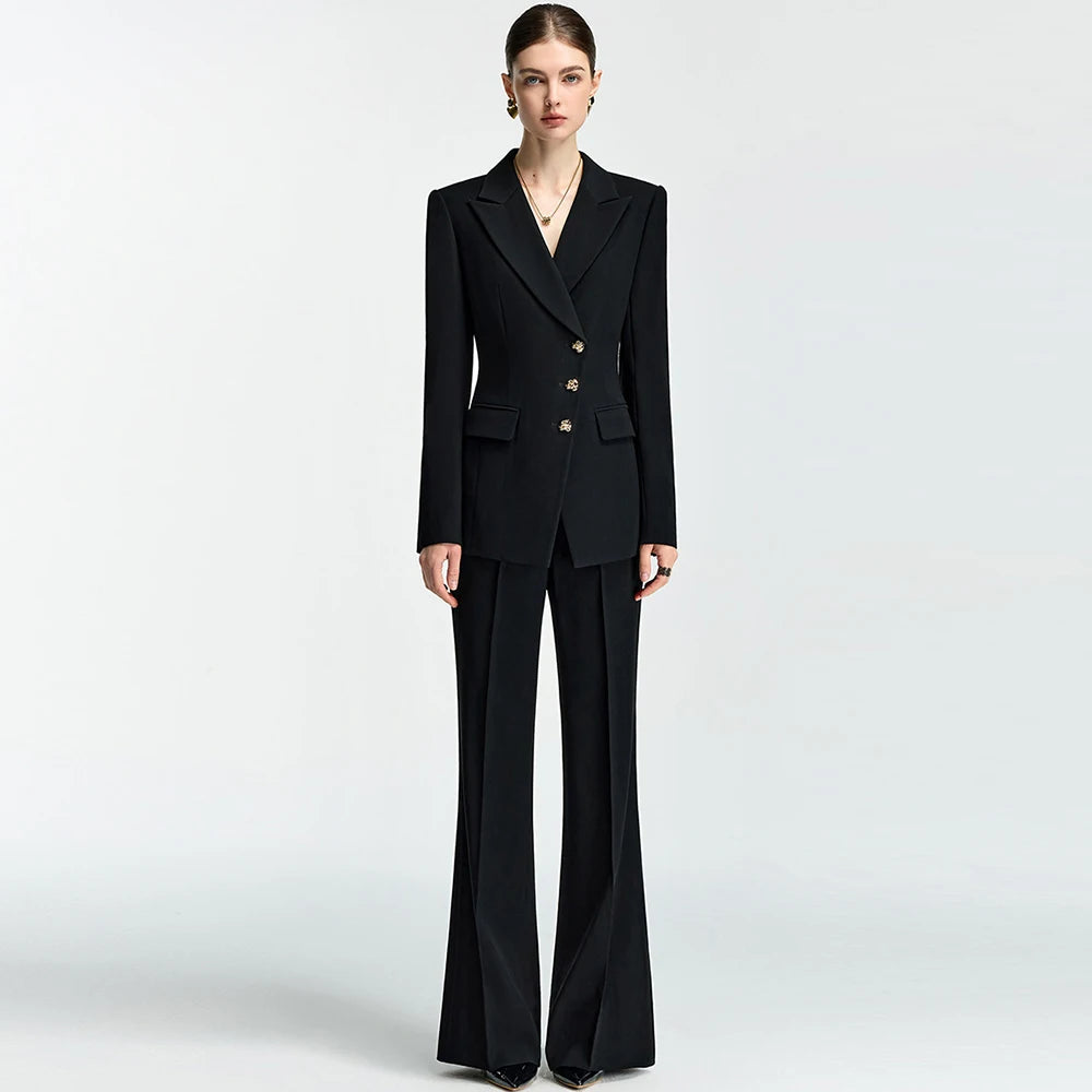 Women's black two-piece business suit set with blazer and wide-leg trousers