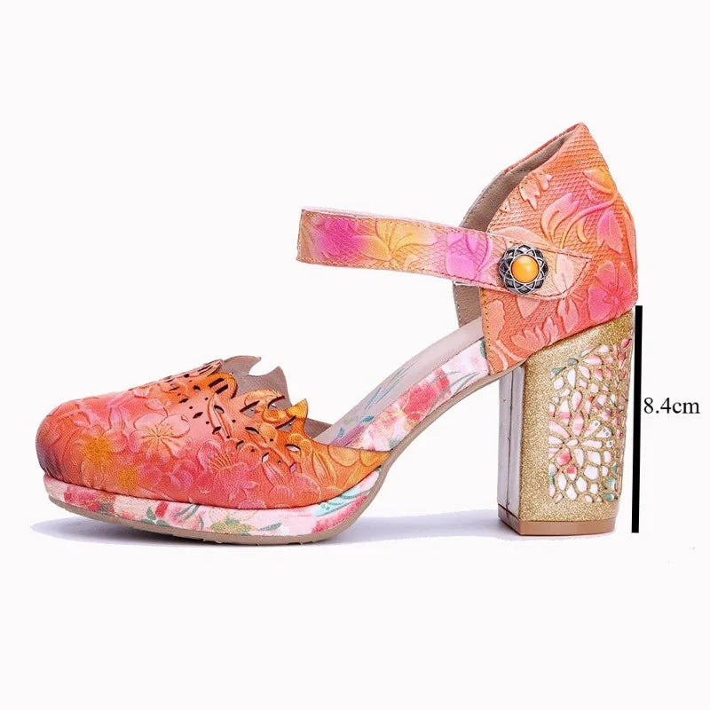 Leather ankle-strap sandal with chunky block heel, floral orange/pink upper and textured heel