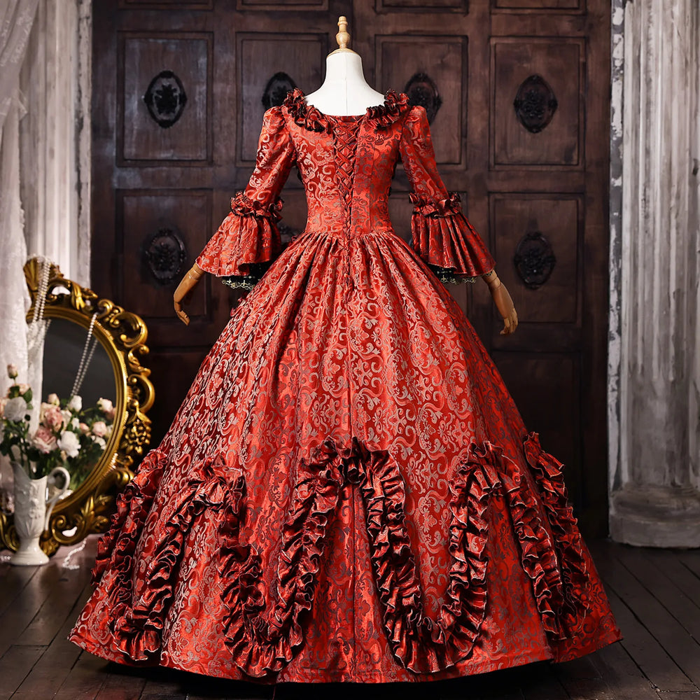 Wine red jacquard ball gown with voluminous layered skirt and gathered bodice
