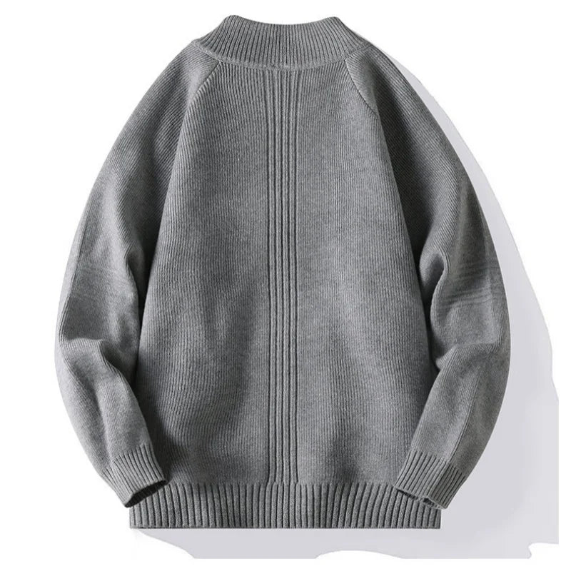 Gray men’s knit cardigan, back view, ribbed crew neck and hem, full-length vertical zipper