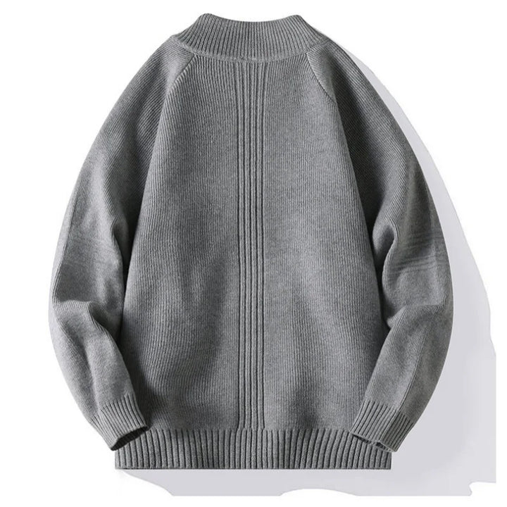 Gray men’s knit cardigan, back view, ribbed crew neck and hem, full-length vertical zipper