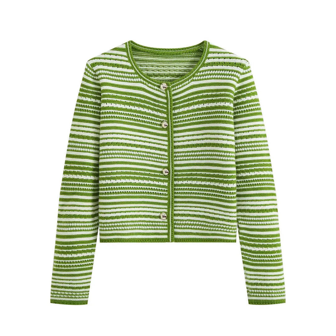 Green and white striped knit cardigan with button front and ribbed crew neckline