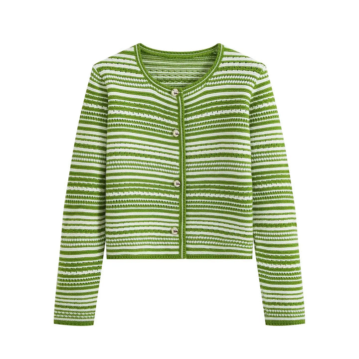 Green and white striped knit cardigan with button front and ribbed crew neckline