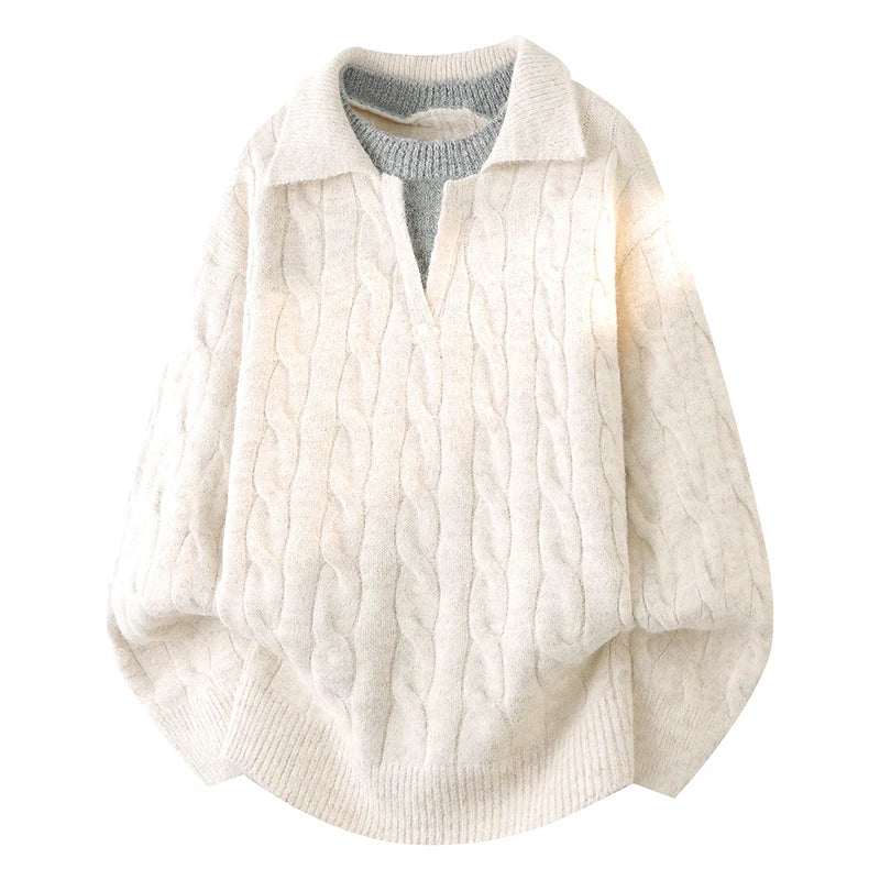 Men's knitted pullover sweater, white cable-knit with collared V-neck