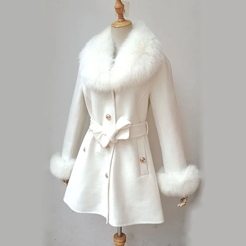Elegant Fur Collar Slim Cashmere Coat