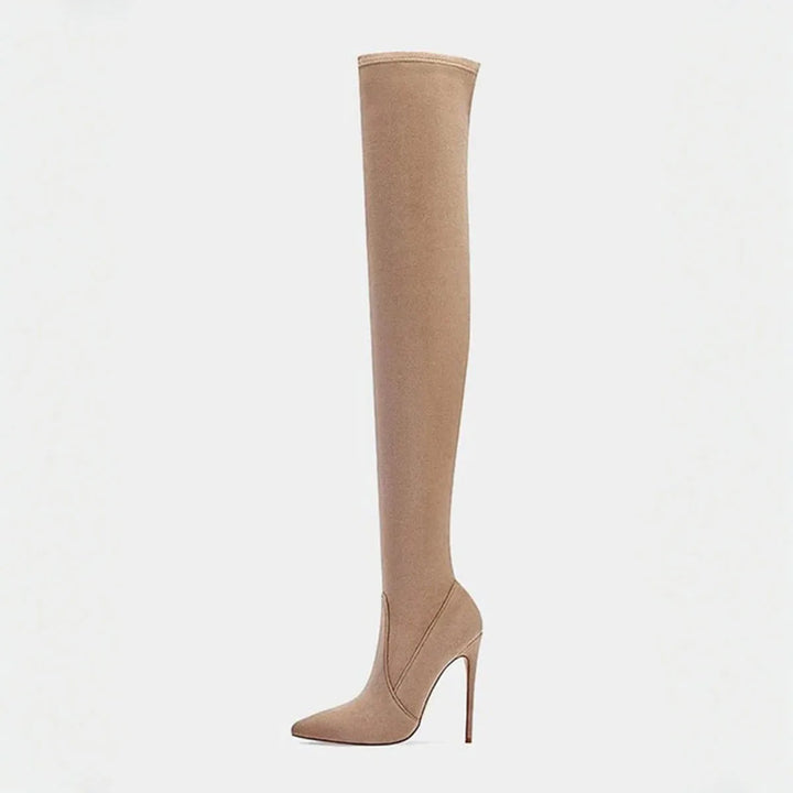 Taupe faux-suede knee-high heeled slip-on boots, side view