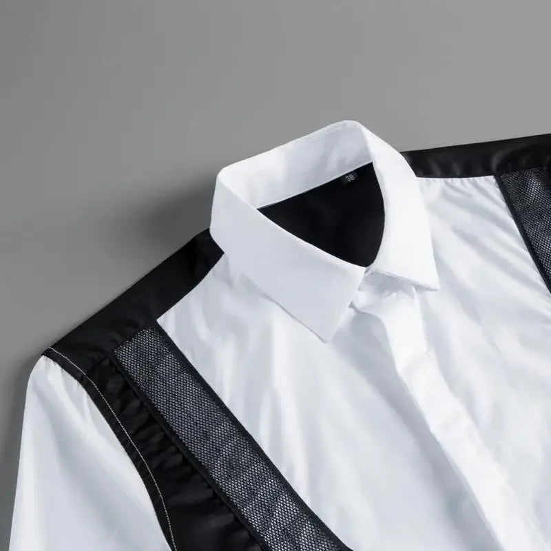 White button-up shirt with black mesh shoulder inserts and pointed collar