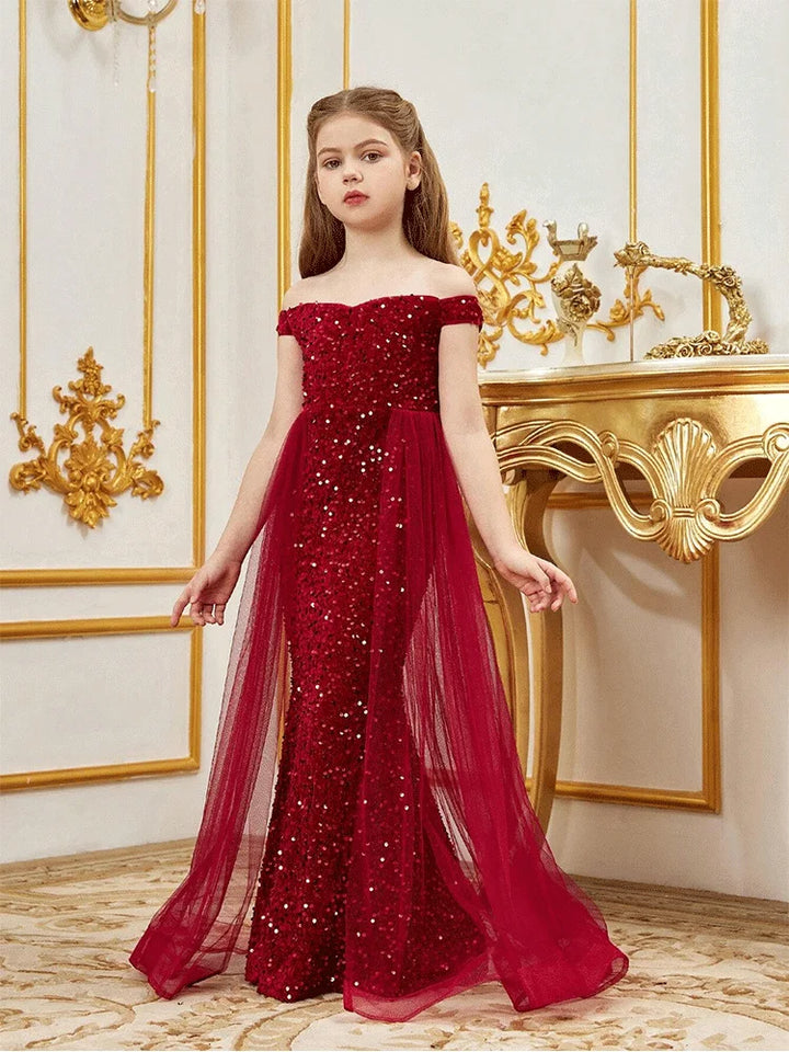 Robe de soirée sans manches en tulle pailleté pour fille