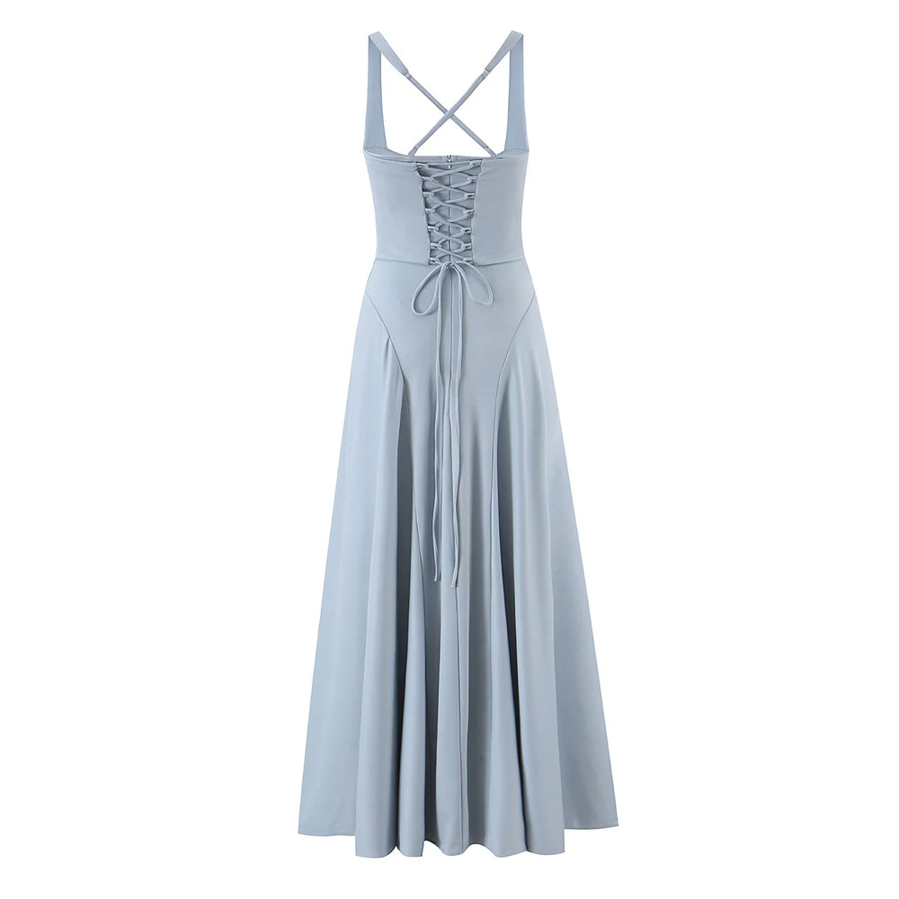 Blue gray ruched midi dress with lace-up corset front and crisscross spaghetti straps