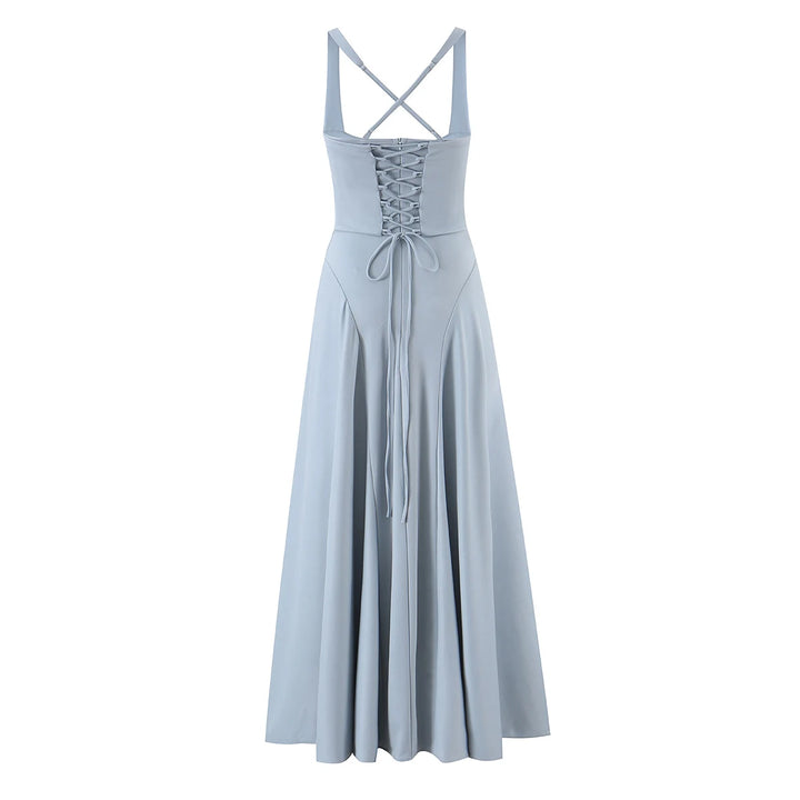 Blue gray ruched midi dress with lace-up corset front and crisscross spaghetti straps