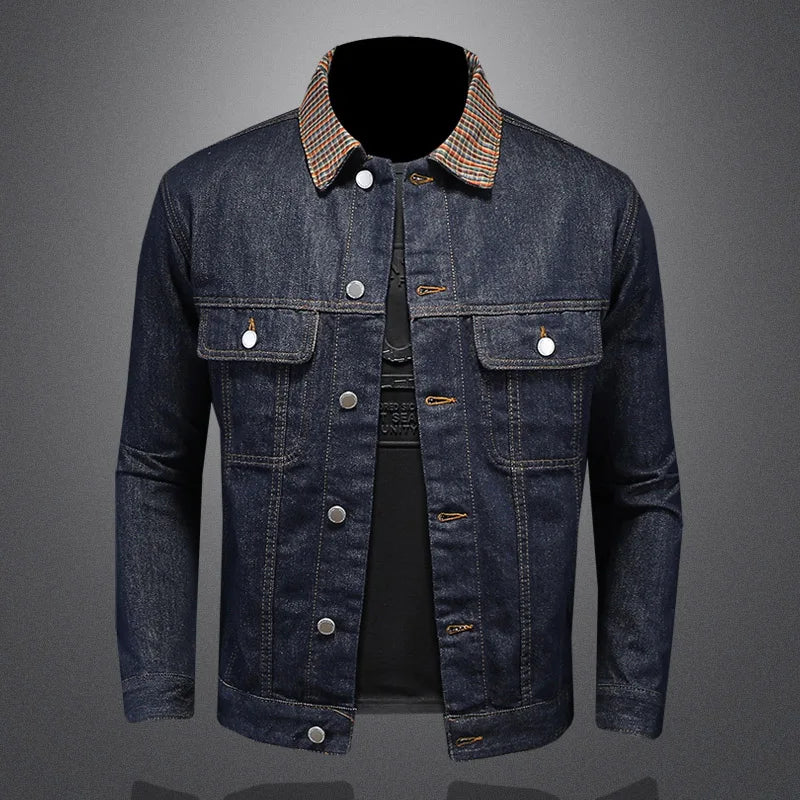 Men's dark washed denim patchwork jacket with striped collar and snap-front