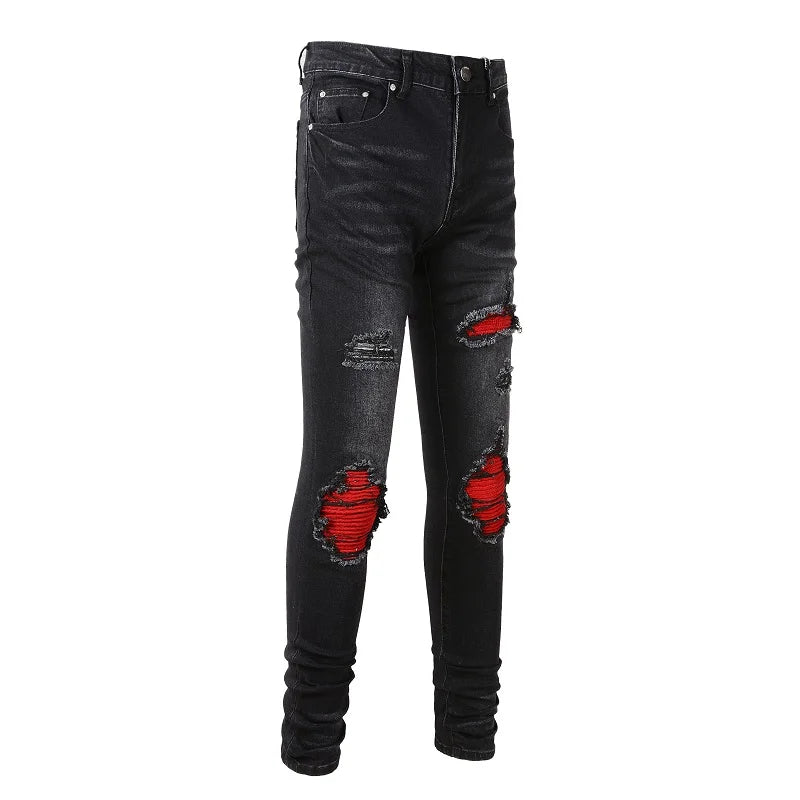 Bold Cracked Patch Biker Jeans Pants