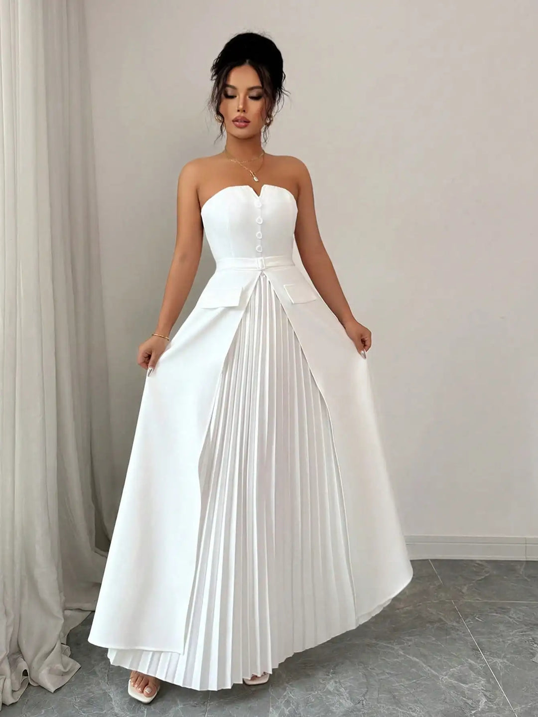 white pleated formal dress Cinderella Divine Bridal CD242W - Long A-Line Dress