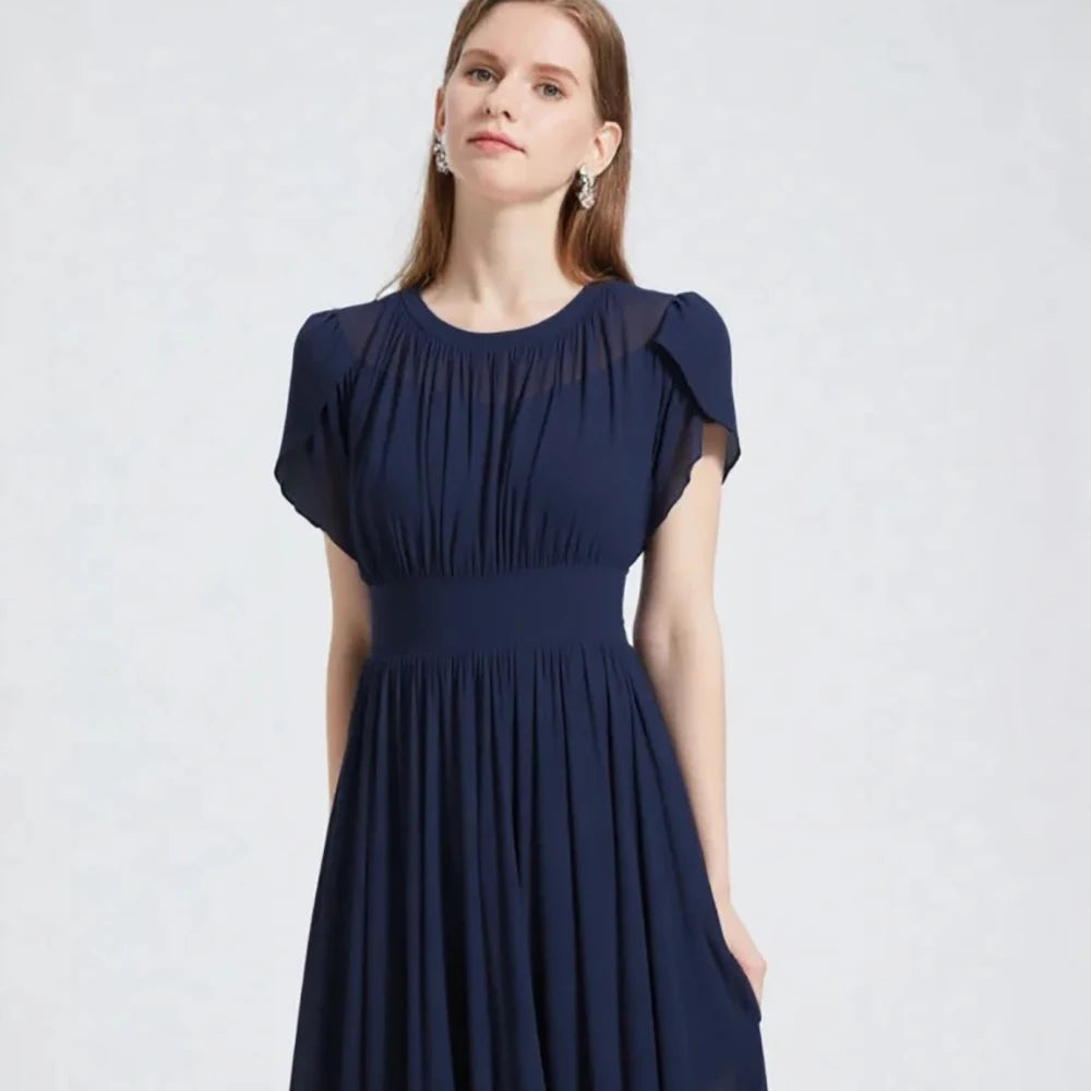 Navy A-line evening dress with gathered waist and short flutter sleeves