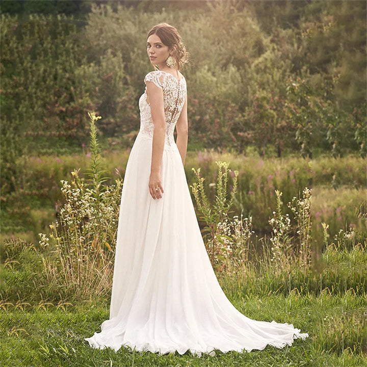 Cap Sleeves Illusion Back Wedding Dress