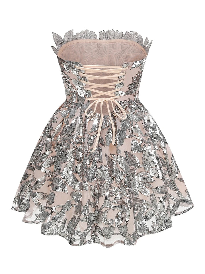 Silver sequin strapless mini dress with crisscross corset lacing at back
