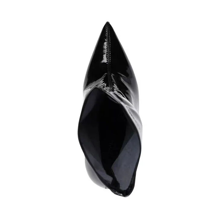 Black patent leather ankle boot with pointed toe and glossy finish, stiletto heel