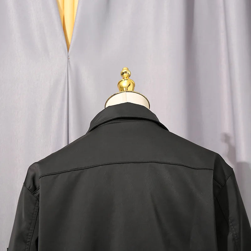 Women’s spliced fashion coat, black back view, stand collar and seam detailing