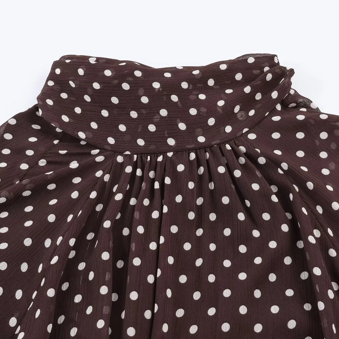 Women’s chiffon high-neck blouse, dark brown with white polka dots, gathered neckline