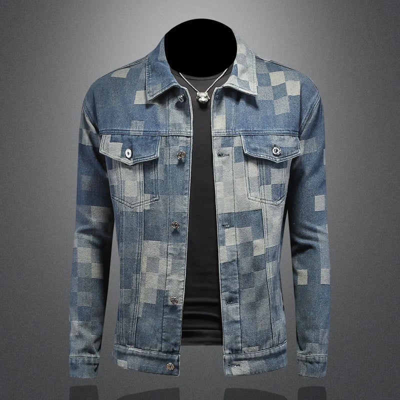 Men's blue cotton denim jacket with turn-down collar, front buttons, and check patchwork