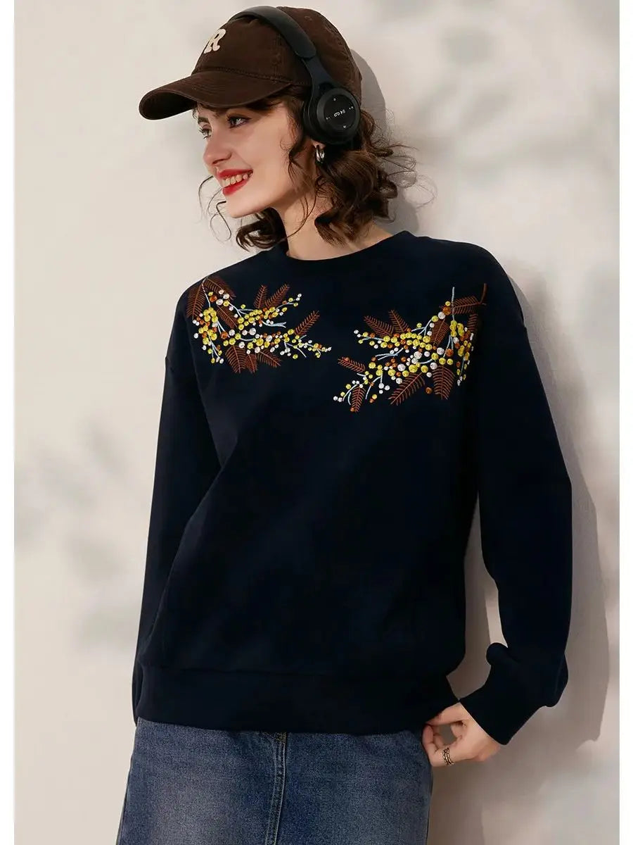 Contrast Color Embroidered Pullover Tops