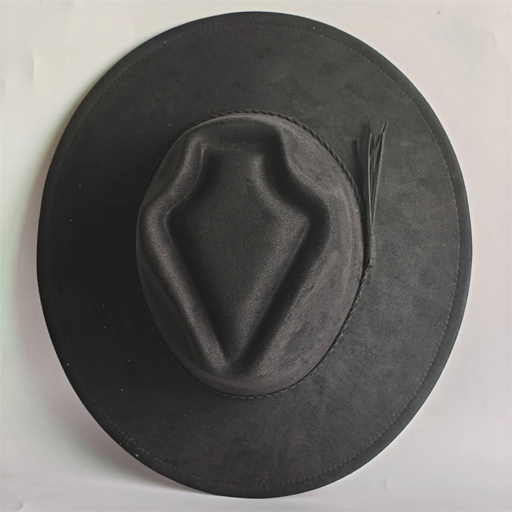 Suede arrow top hat with indent crown and short tassel detail, dark charcoal.