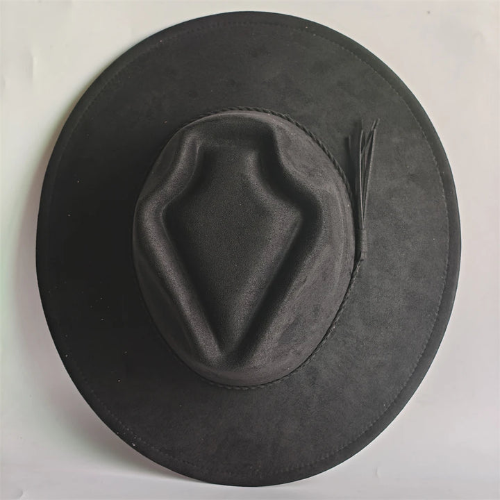Suede arrow top hat with indent crown and short tassel detail, dark charcoal.