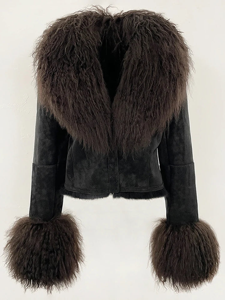 Dark brown suede wool coat with oversized fur collar and matching fur cuffs
