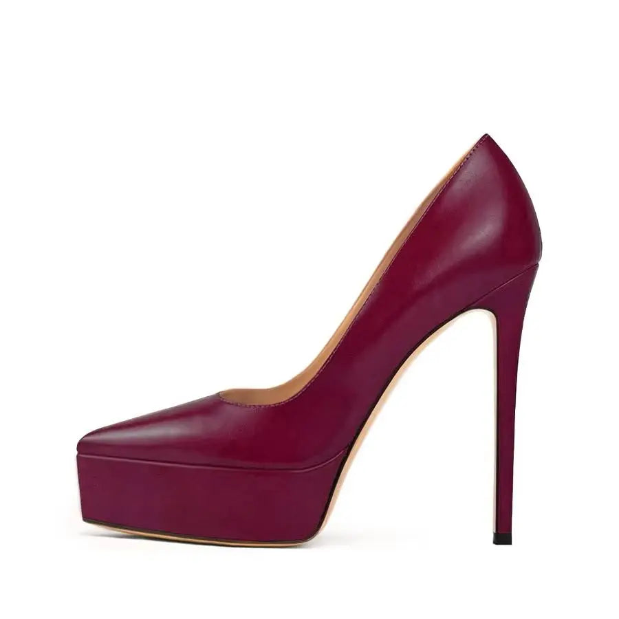 Burgundy stiletto pump with platform sole and pointed toe