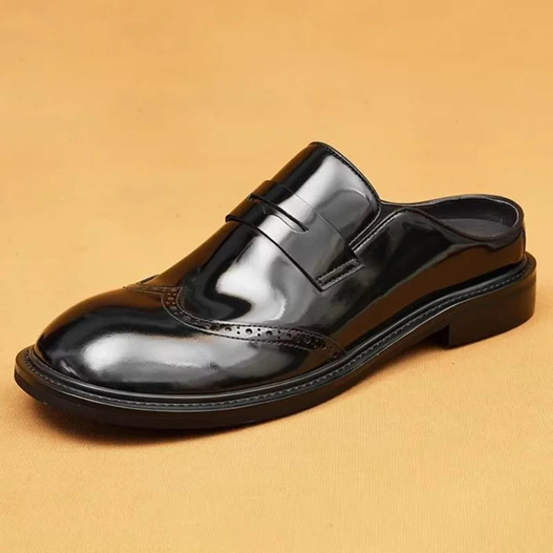Single men's slip-on mule with glossy dark finish, strap detail and wingtip stitching