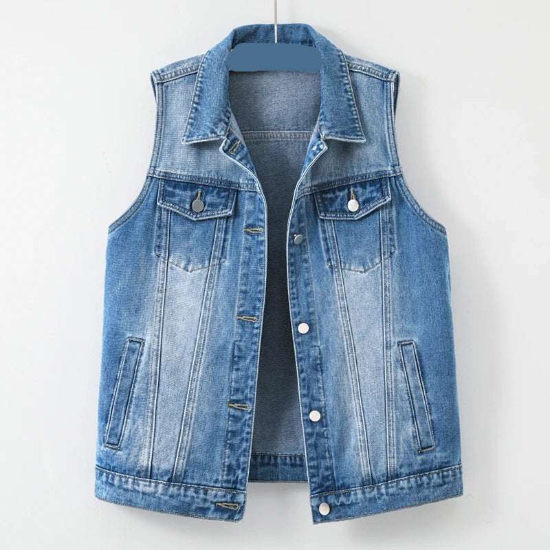 Blue denim vest on a white background