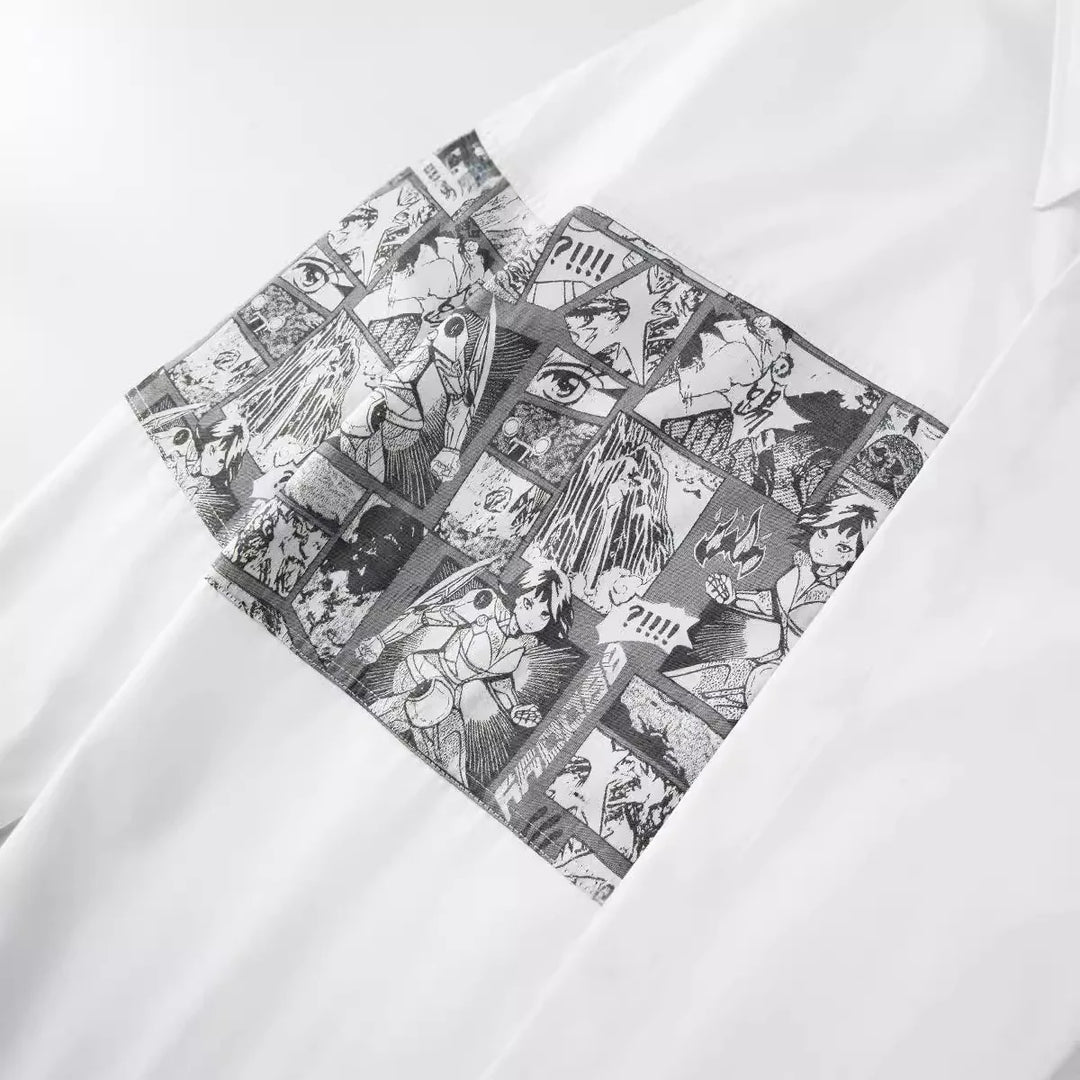 Close-up of white shirt sleeve with black-and-white comic graphic patch