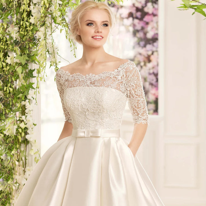Modern Satin Boat Neck Bridal Gown
