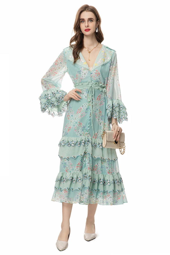 Cascading Ruffle Embroidery Dress